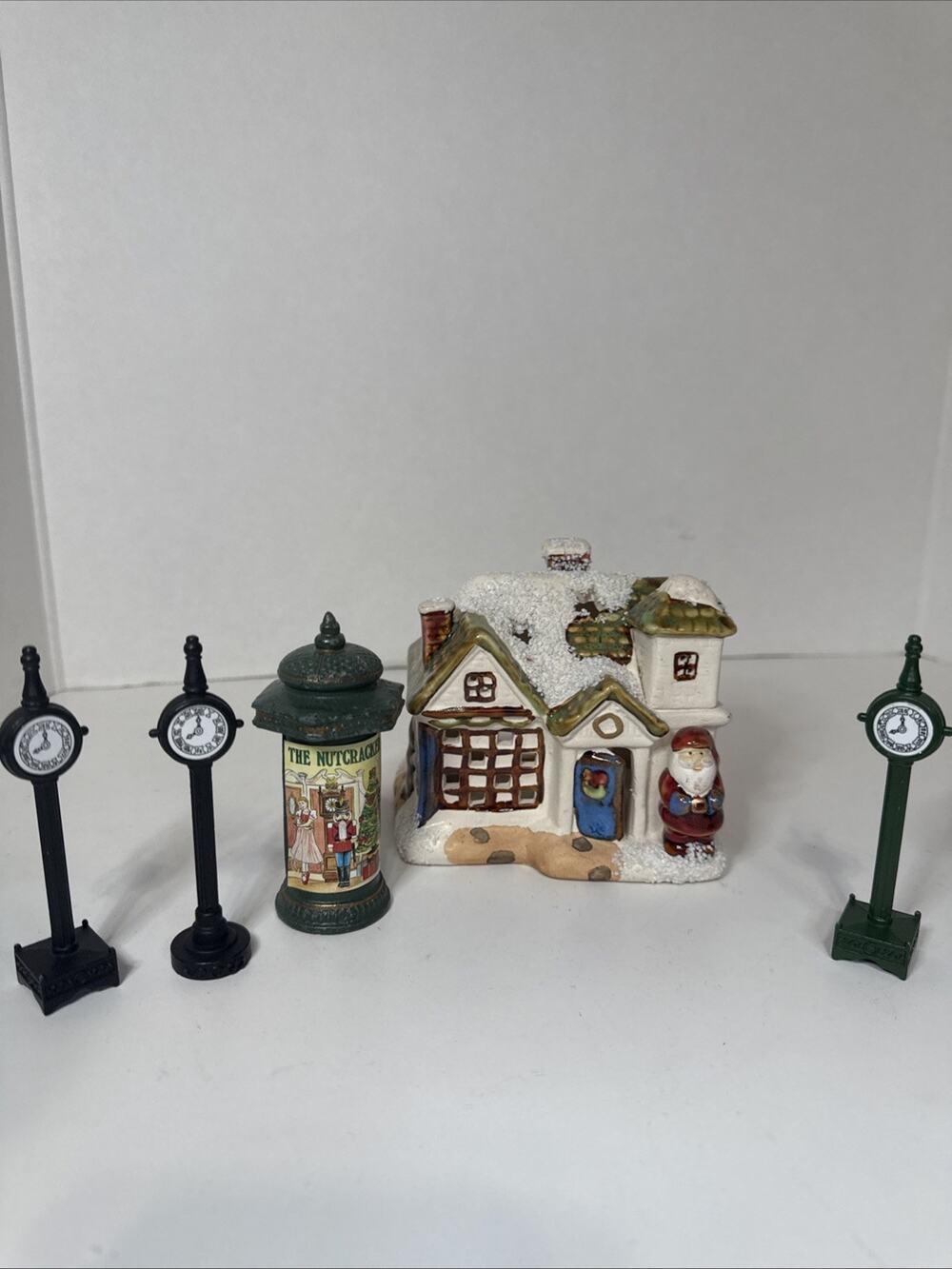 Vintage Dept 56 Metal black town clocks And 1 Green Plus Small Santa House